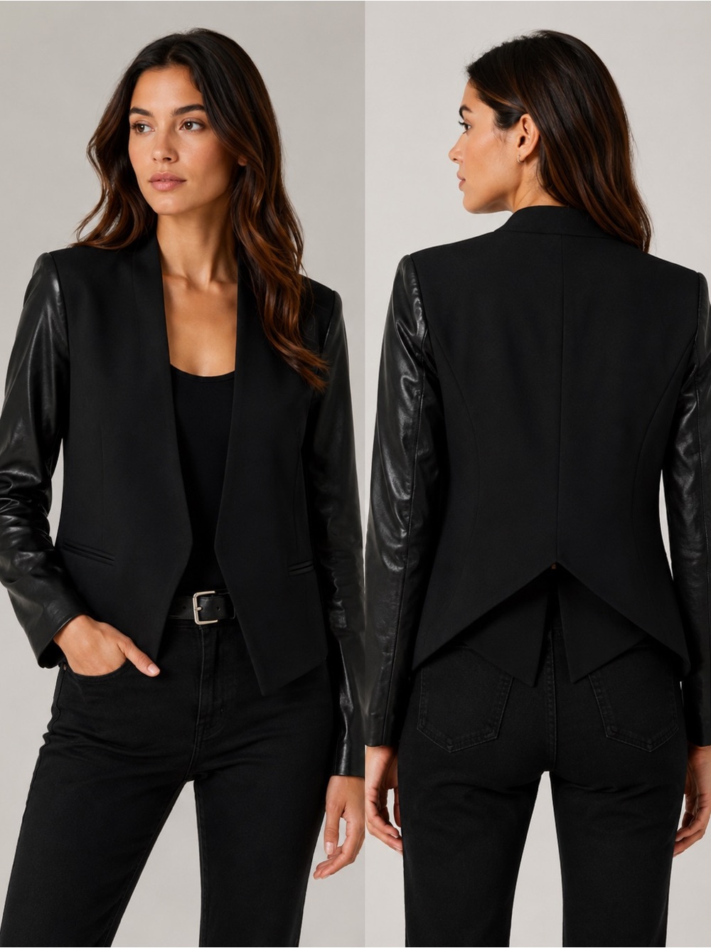Helmut Lang Black Open-Front Blazer with Leather Sleeves